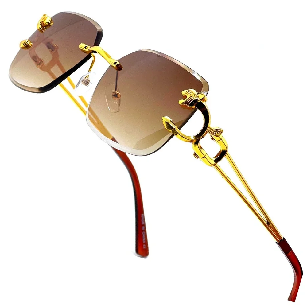 Rimless Sunglasses Gold Leopard Accent Brown Lens Fashion Designer Shades‎ Gafas